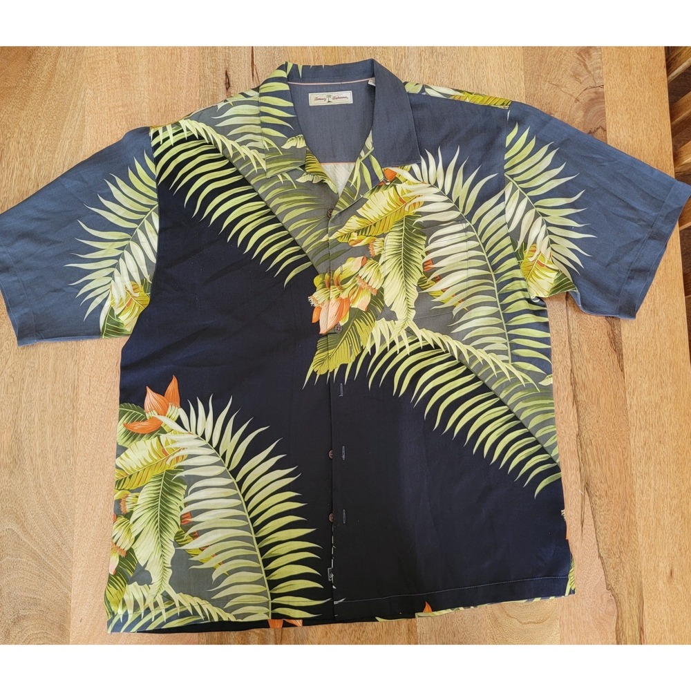 Tommy Bahama Mens Shirt XL Tropical Hawaiian Cruise 100% Silk Camp Black/Gray